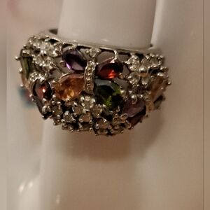 EUC Fortune Jewelers Genuine Silver & Multi Gemstone Butterfly Ring Jewelry SZ 9